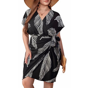 NEW Plus Size Leaf Print V Neck Wrap Tie Side Vacation Dress 3X